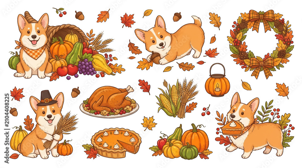 Obraz premium Cute corgi thanksgiving clipart set with pumpkins, turkey, and autumn leaves isolated on transparent background