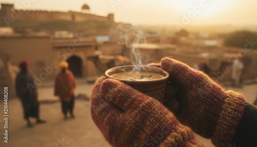 Hands in wool gloves holding a steaming cup of chai in warm morning light, capturing comfort, culture and connection in the peaceful rhythm of local life