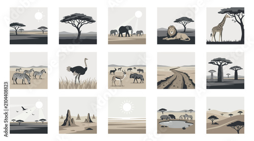 Quadro su tela African safari landscapes and wild animal sketch set.
