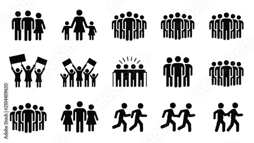 A collection of fifteen minimalist vector icons illustrating various groups of people and social activities