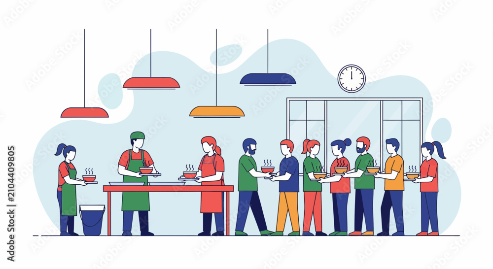 Naklejka premium Volunteers serve hot soup meals to people in line at a local community kitchen for charity