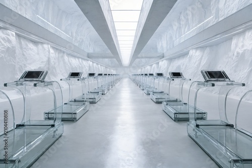 Endless rows of transparent glass treadmills in a sterile white icy cavern, minimalist dystopian architecture, clinical lighting, symmetrical perspective, corporate concept.