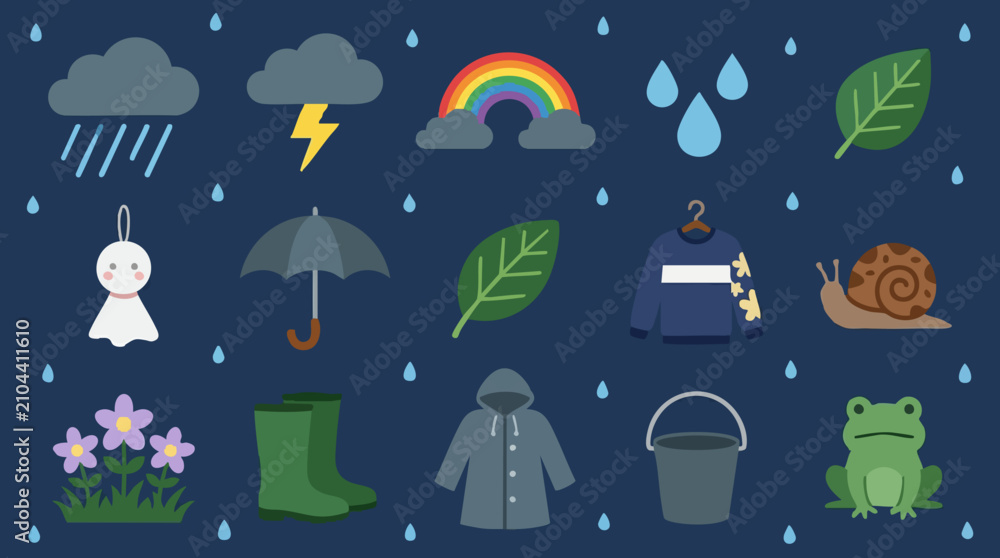 Obraz premium Rainy season flat icons: weather, nature, and objects illustration set