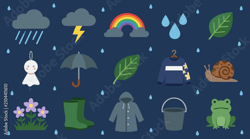 Tableau sur toile Rainy season flat icons: weather, nature, and objects illustration set
