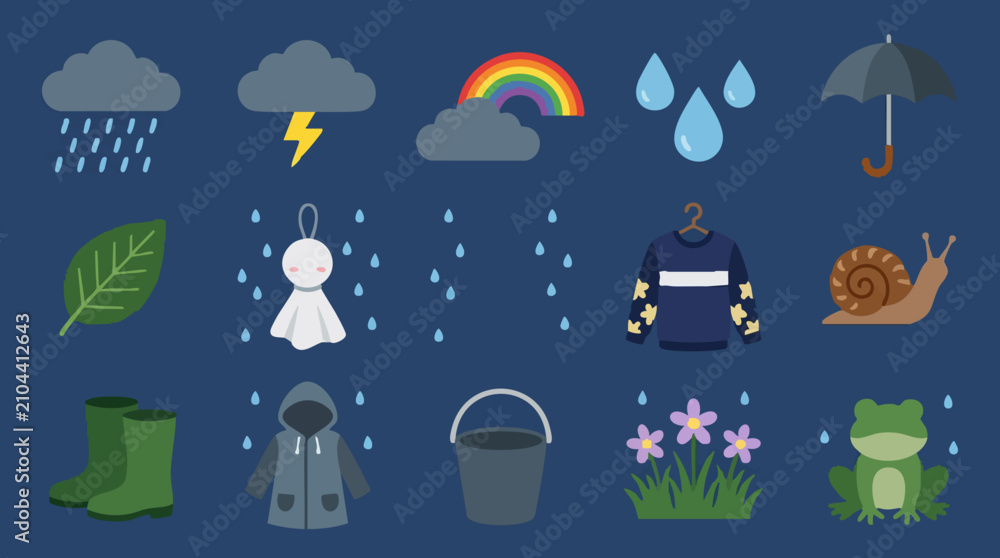 Obraz premium Rainy weather and nature icons set, cartoon flat design illustration