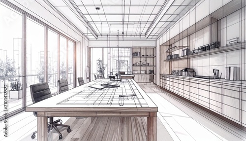 Professional boardroom interior featuring long wooden table with blueprint layout and integrated shelving units in clean architectural sketch style