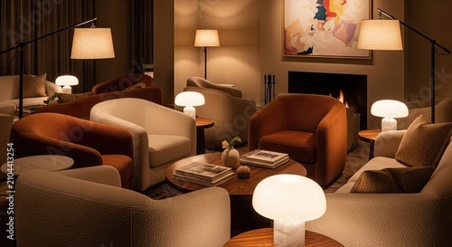 Modern living room interior with warm ambient lamp lighting.