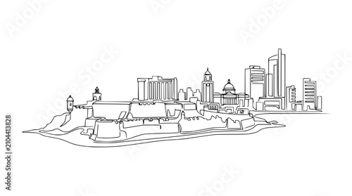 Minimalist continuous line vector illustration of the san juan puerto rico skyline showcasing historic fortresses and modern city building silhouettes