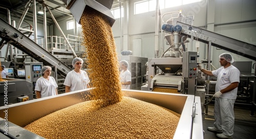 Industrial grain processing facility with workers monitoring production.
