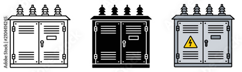 Electrical transformer box icon set for power grid infrastructure