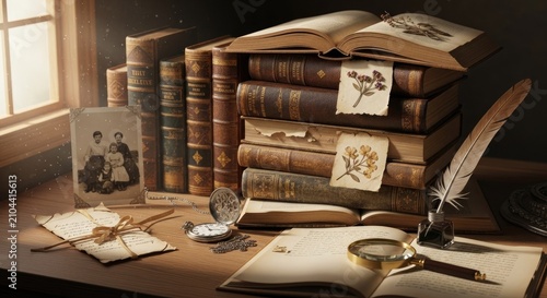 Vintage still life with old books letters and antiques.