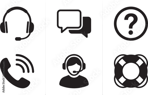 Six black communication icons set with headphones and question mark Vector