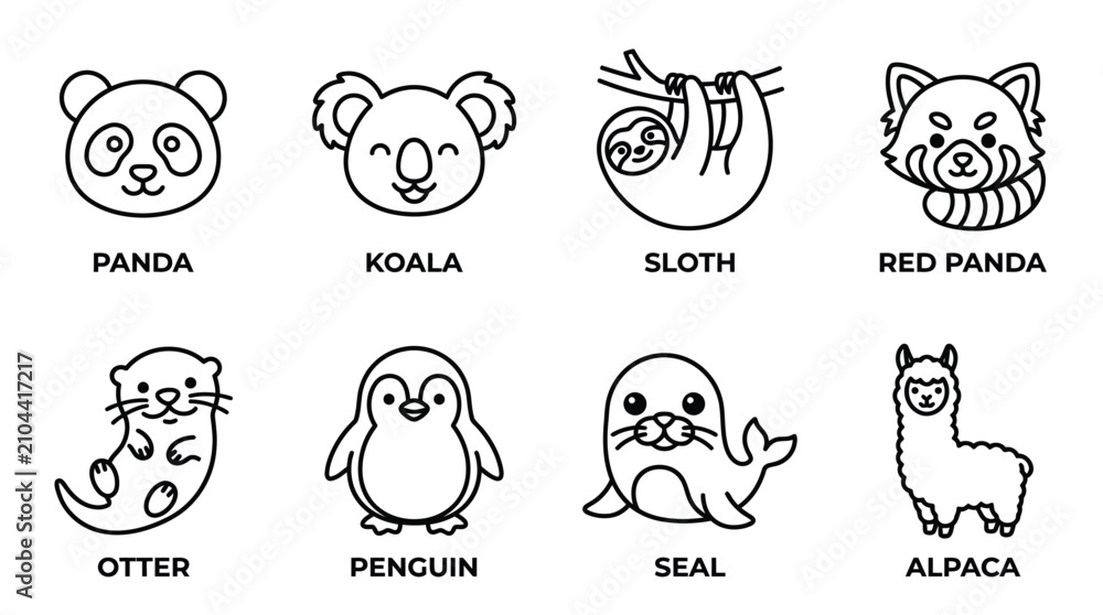 Fototapeta premium Cute outline animal illustrations with text labels on transparent background.