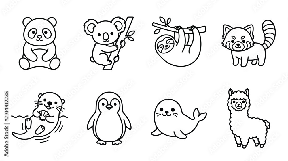 Fototapeta premium Charming cartoon outline animals with labels on transparent background vector art.