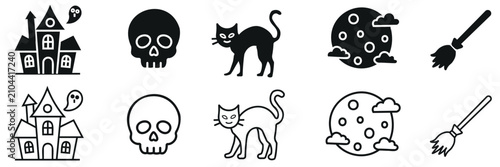 Fotografie Spooky halloween themed icon set featuring haunted houses ghosts skulls black cats full moons and magical broomsticks for holiday seasonal graphic design projects