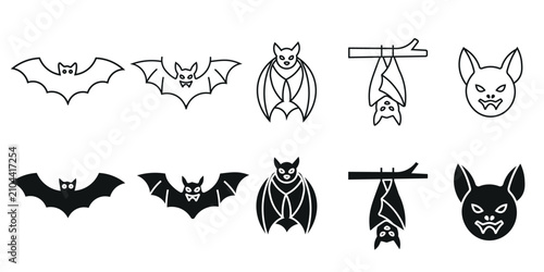 Canvastavla Bat icons collection featuring flying and hanging vampire bats in outline and solid styles for halloween party decorations and spooky night themes isolated vector graphics
