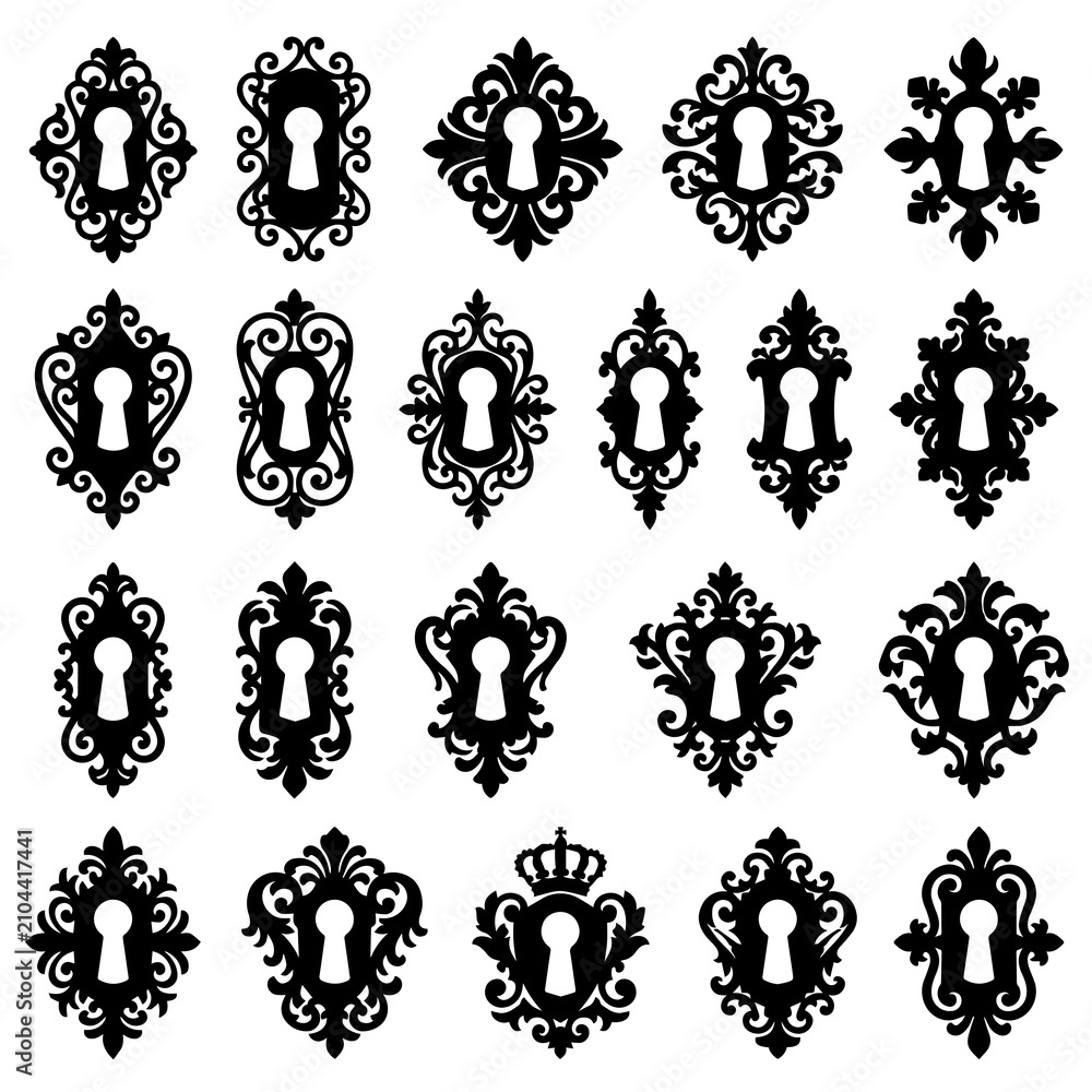 Fototapeta premium Collection of ornate vintage keyhole escutcheons with escutcheon, decorative