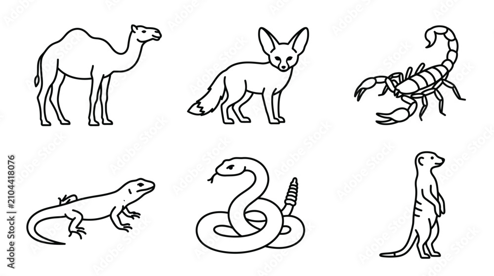 Fototapeta premium Desert animals line icons set including camel fennec fox scorpion lizard snake and meerkat.