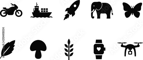 Konstfotografi Collection Of Black Silhouette Icons Featuring Vehicles Animals And Nature