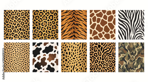Set of ten seamless animal skin patterns featuring vibrant leopard spots zebra stripes tiger fur and giraffe hide vector graphics