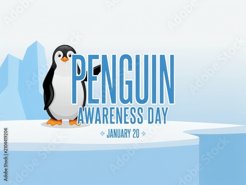 Penguin Awareness Day banner featuring a cute penguin on an ice floe with January 20 text