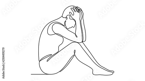 Minimalist single line drawing of a person sitting with head in hands depression unhappiness struggle silhouette