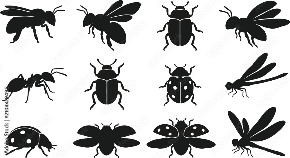 Fototapeta premium Insect Silhouettes Vector Collection with Ant Spider Bee Beetle Butterfly Dragonfly Fly Mosquito and Bug Icons Black Nature Illustration Set for Design and Pattern