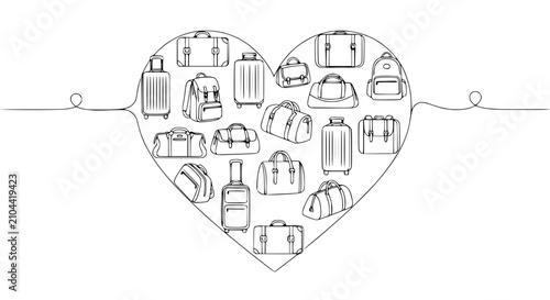 Canvas Print Heart Shape Filled With Various Luggage and Bags, Travel Concept