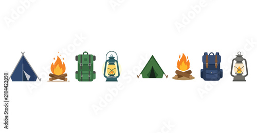 Simple vector design of camping equipment with a tent, campfire, backpack, and lantern, minimalist, no outline, white background.
