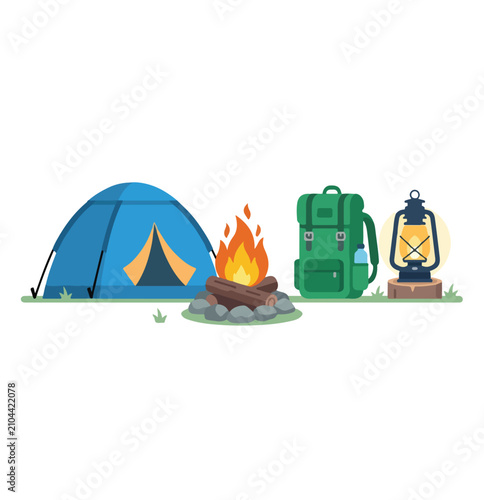 Simple vector design of camping equipment with a tent, campfire, backpack, and lantern, minimalist, no outline, white background.