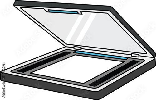 Fotografija Open flatbed document scanner with glass platen, black plastic casing and white