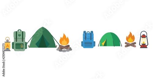 Simple vector design of camping equipment with a tent, campfire, backpack, and lantern, minimalist, no outline, white background.