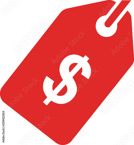 Red price tag with a white dollar sign symbol, flat on a plain white background, label currency