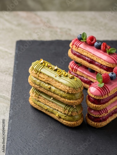 Colorful gourmet eclairs with berries and cream on slate board