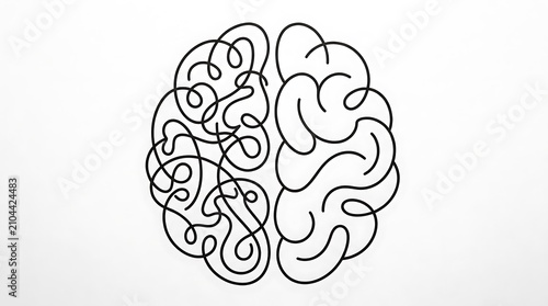 Black and white hand drawn sketch of a human brain with a messy and structured side representing mental states, psychology
