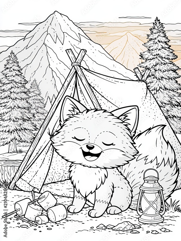 Obraz premium Cute Fox Camping Beside Tent with Lantern Enjoying Cozy Marshmallows in a Beautiful Outdoor Scene