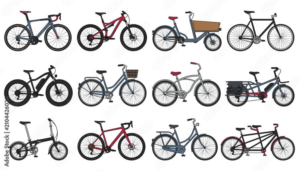 Obraz premium Bicycle Illustration Set with Multiple Colorful Bikes, Side View, Isolated on White Background for Transport Concept