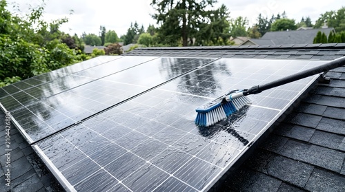 Cleaning of solar panels on a house roof with special brush, close-up. cleaning, technology, house, roof, home, domestic.