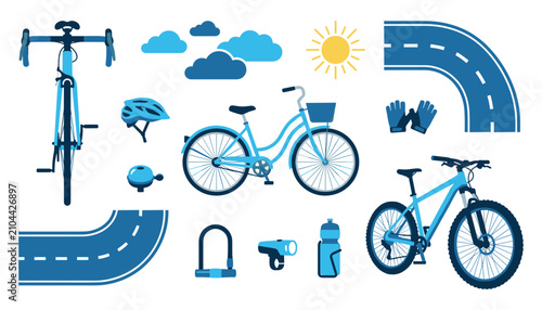 Konstfotografi Bicycle Icon Set with Road, Sky Clouds, Sun, Helmet, Water Bottle and Accessorie