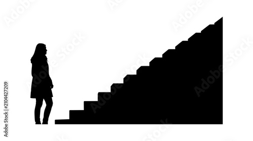 Woman Standing Beside Staircase Silhouette On White Background
