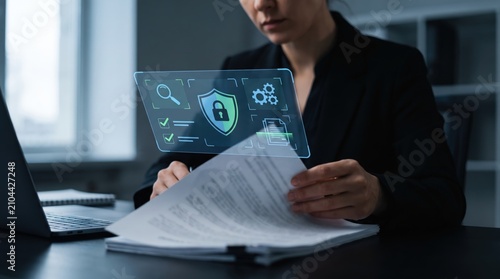 Holographic AI Audit Interface on Documents, Digital Compliance Verification Technology, Automated Paper Review and Business Data Analysis Concept in Minimalist Moody Office