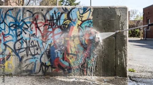 High pressure water nozzle spraying concrete wall covered with vibrant graffiti artwork cleaning outdoor urban construction site renovation project.