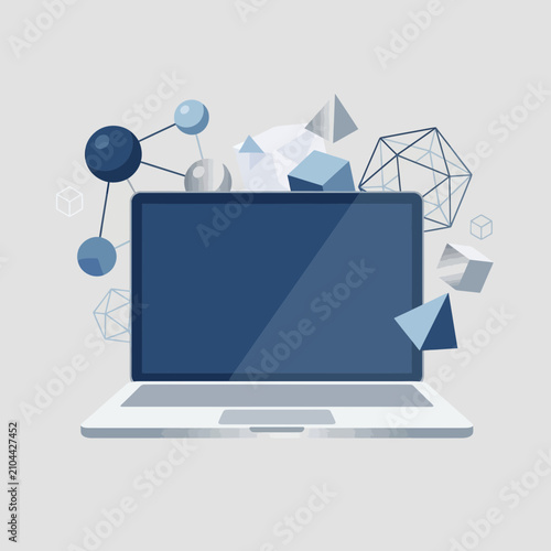 Modern Technology Innovation Concept with Laptop and Abstract Geometric Data Shapes for Software Development and Corporate Branding Flexible Layout