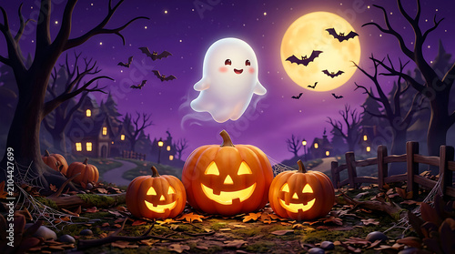 Halloween scene with ghost and jack o' lanterns
