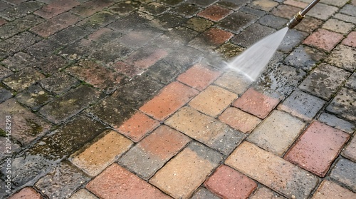 Pressure washing outdoor patio, cleaning dirty paved brick driveway, water stream removing grime from pavement surface.
