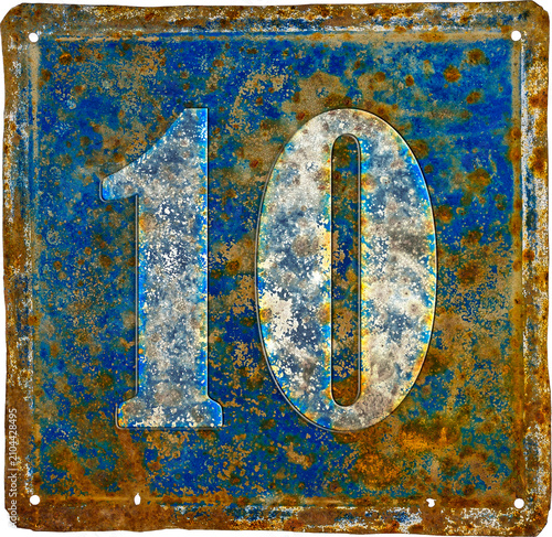 old and  rusty domestic code plate with number 100  made from sheet of iron with white und blue paint