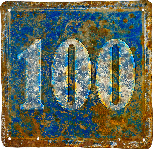 old and  rusty domestic code plate with number 100  made from sheet of iron with white und blue paint