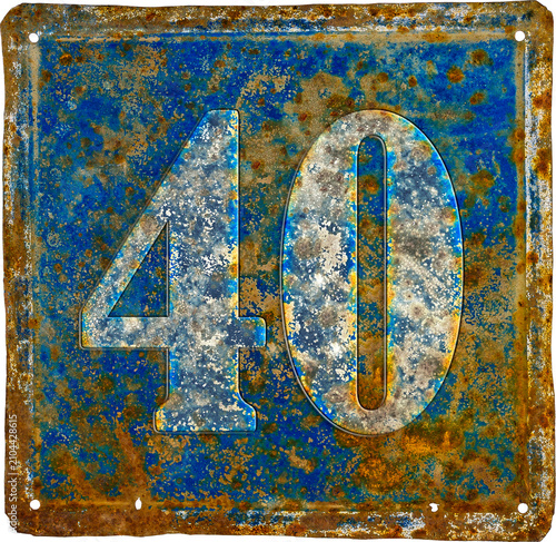 old and  rusty domestic code plate with number 40  made from sheet of iron with white und blue paint