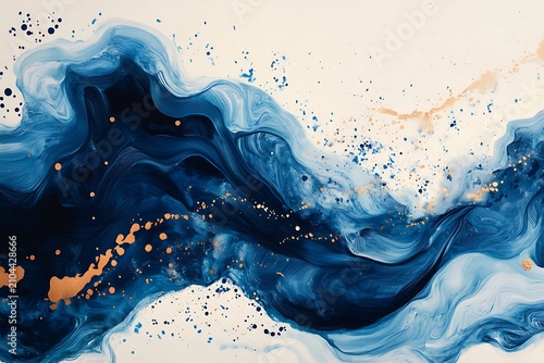 Abstract fluid art painting with deep blue waves and golden splatters
