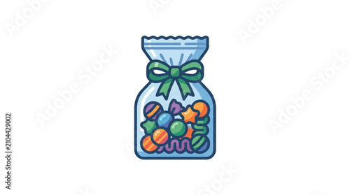 Photos Bag of colorful candies and sweets tied with a green ribbon.